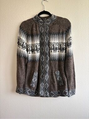 Ecologic Arts Plus Size Brown Gray Alpaca Print Knit Full Zip Sweater Cardigan